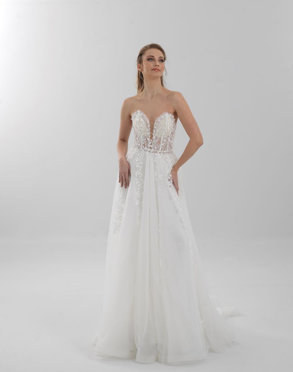 Abito da sposa Maxra Gova dal design sofisticato con applicazioni eleganti.